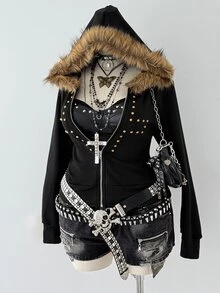Sunspun Plus Size Women's Fashion Fur Collar Fitted Zip-Up Hooded Sweatshirt With Cross Winter - Black - View 7