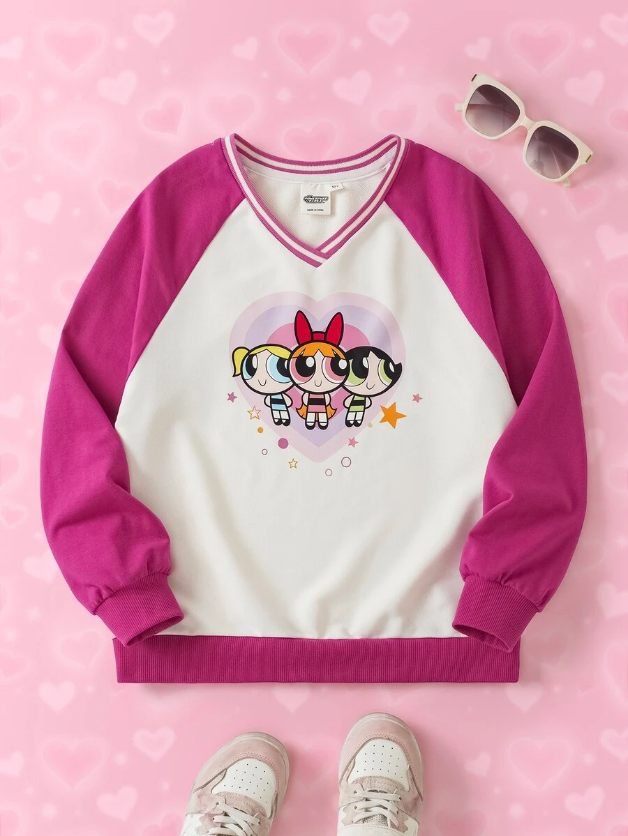 THE POWERPUFF GIRLS X SHEIN بلوزة رياضية كاجوال يومية بأكمام طويلة بنقشة كرتونية للفتيات المراهقات - أبيض - مشاهدة 1