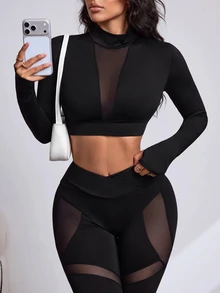 Slayform طقم رياضي نسائي من تي شيرت قصير بأكمام طويلة من الشبك بلون موحد متباين مع بنطال ليقنز - الأسود - مشاهدة 6