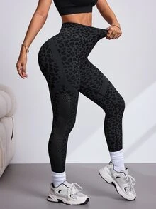 Slayform Women's Leopard Print Mesh Sports Leggings - Dark Grey - View 5