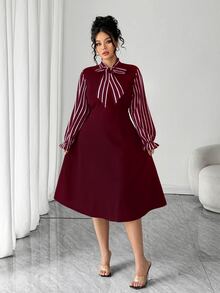 Elenzga 大尺碼女款秋冬時尚優雅休閒長袖條紋收腰A字連身裙 - 玫瑰紅 - 查看 8