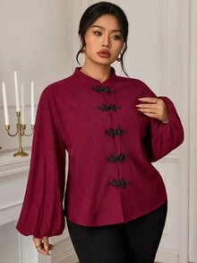 EastFlair Plus Size Women's Casual Top With Frog Button Placket And Rolled Cuffs - Burgundy - View 3