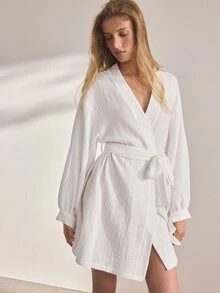 Ocili Women's Solid Color Pure Cotton Minimalist Daily Tie-Up Comfortable Long Sleeve Loungewear Robe Housecoat - White - View 5