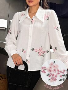 Modelyn Spring/Autumn Pink Embroidered Button-Front Shirt With Collar - Multicolor - View 5