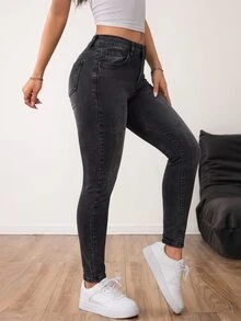 SHEIN PETITE 女款時尚鈕扣口袋緊身牛仔褲 - 黑色 - 查看 4