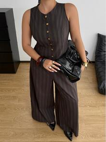 POPSWAY Brown Pinstripe Sleeveless Top & Drapey Wide Leg Pants Set, Minimalist Slim Fit Commuter Women's 2 Pieces Outfit - Brown - View 6