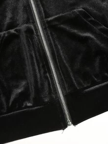 SHEIN 兒童青少年女孩秋冬休閒街頭風天鵝絨水鑽後袋連帽拉鍊運動衫與修身喇叭褲2件套，萬聖節、聖誕節穿搭 - 黑色 - 查看 7