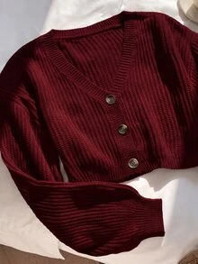SHEIN EZwear 純色鈕扣前開襟羅紋針織開襟衫，長袖上衣，秋冬針織毛衣 - 酒紅色 - 查看 7