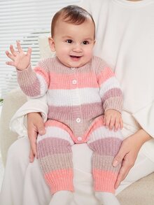 SHEIN 新生女嬰秋冬可愛針織粉色條紋連身長褲爬行服 - 粉色 - 查看 5