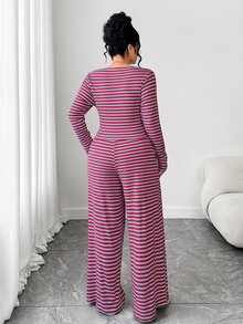 Elenzga 大尺碼女款方領長袖T恤與寬腿褲條紋休閒兩件套 - 紅色 - 查看 2