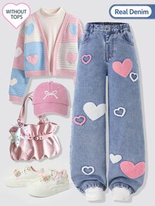 SHEIN Genkimix Kids 少女心形圖案口袋直筒休閒日常穿著牛仔褲 - 淺色水洗藍 - 查看 1