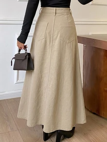 DAZY Women's Single-Breasted Decorative Long A-Line Denim Skirt, Casual Urban Style - Khaki - View 2
