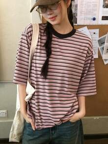 DAZY Contrast Color Striped Top Casual Daily Korean Style Spring Autumn Women's T-Shirt - Pink - View 8