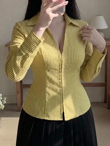 Dazy Plus Autumn V-Neck Long Sleeve Yellow Striped Cute Cinched Waist Slim Fit Elegant Date Commute Cardigan Shirt - Yellow - View 1