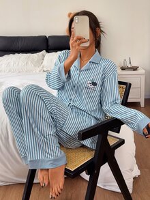 DAZY Women's Striped Single-Breasted Top And Pants Pajama Set - Blue - View 4