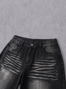 Manfinity Denimwave 男士復古黑灰色水洗寬鬆寬腿牛仔褲，鏈條圖案印花丹寧長褲，Y2K嘻哈街頭風寬鬆牛仔褲 - 黑色 - 查看 4