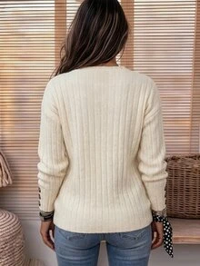 Zayélia Women's Solid Color V-Neck Casual Long Sleeve T-Shirt For Daily Wear - Apricot - View 2
