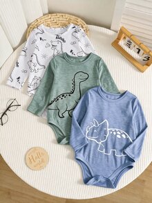 SHEIN 中性嬰兒男孩/女孩 3件組秋冬休閒可愛恐龍圖案長袖連身衣套裝，嬰兒冬季衣物/連身衣，萬聖節 - 彩色 - 查看 4