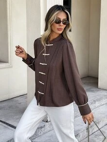 SHEIN Frenchy Women's Solid Color Casual Versatile Daily Wear Shirt - Brown - View 3