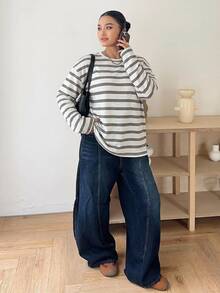 Dazy Plus Women's Plus Size Crew Neck Casual Loose Long Sleeve Street Style Fashion Striped T-Shirt - White - View 3