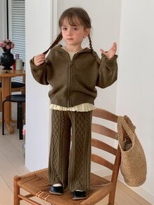 Hapijoa Young Girl Solid Color Zip-Up Hooded Knit Cardigan And Knit Pants Set Winter - Army Green - View 4