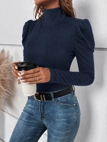 SHEIN Clasi 女款秋季簡約鈕扣裝飾泡泡袖高領長袖T恤 - 藏蓝色 - 查看 6