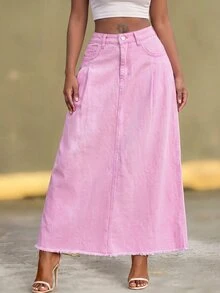 BriallanyX BriallanyX Women's Street Style Button Pocket Raw Hem Denim Skirt - Pink - View 5