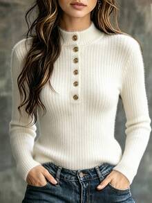 LUMIGAL Women's Solid Color Stand Collar Button Design Long Sleeve Slim Fit T-Shirt - Apricot - View 1