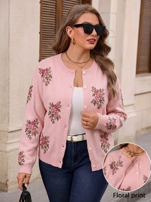 EMERY ROSE Plus Size Women's New Fashion Printed Thin Knit Cardigan, Casual Versatile Lightweight Jacket For Spring And Autumn - Pink - View 1