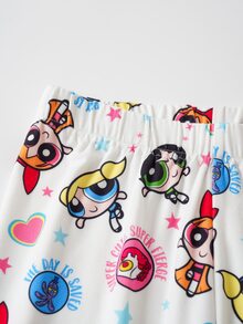 THE POWERPUFF GIRLS X SHEIN Tween Girl Cartoon Pattern Short Sleeve Top And Long Pants Casual Daily Home Sleepwear Set - Pink - View 6