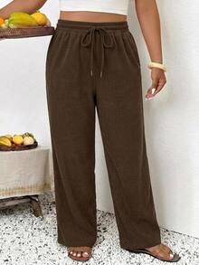 SHEIN Frenchy Plus Size Women's Drawstring Waist Casual Everyday Long Pants - Brown - View 3