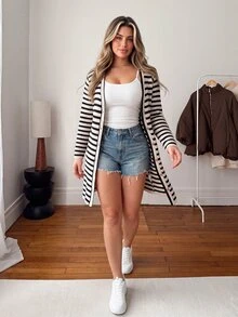 Vionelle Plus Size Women's French Casual Elegant Striped Single-Breasted Long Sleeve Jacket - Khaki - View 6