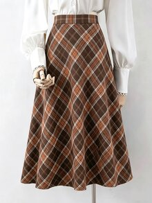 SHEIN Teen Girls Teen Girl Simple Plaid Elegant Skirt Autumn/Winter - Multicolor - View 1