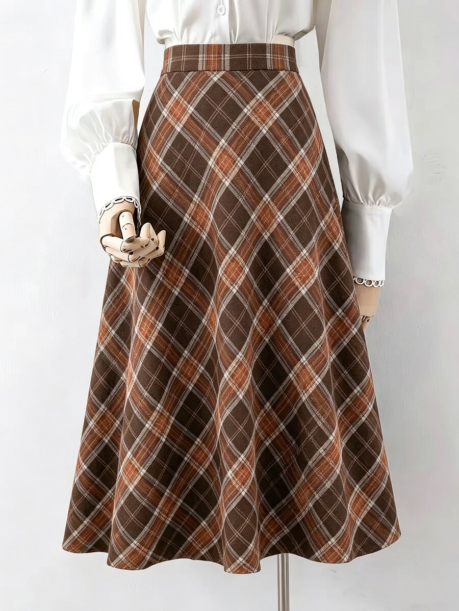 SHEIN Teen Girls Teen Girl Simple Plaid Elegant Skirt Autumn/Winter - Multicolor - View 1