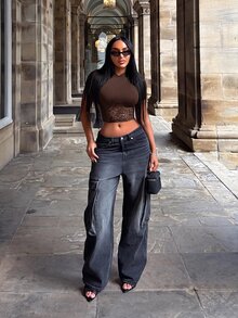 SHEIN SXY تي شيرت برقبة عالية وأكمام قصيرة مع حزام خصر مزيف وتصميم رقعات من البولي يوريثان - بني - مشاهدة 5