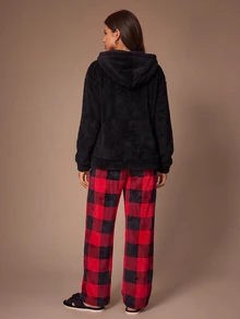 Lazeform American Style Colorblock Plaid Casual Pants With Pure Black Minimalist Top Loungewear Set - Multicolor - View 2