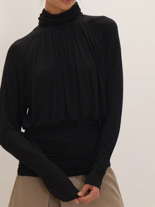 MUSEYN Black Jersey High Neck Cinched Waist Ruched Top Versatile Everyday Date Night Chic New Season Fall - Black - View 5