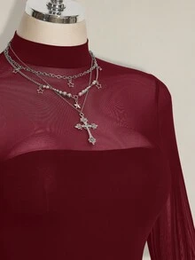SHEIN ICON 大尺碼 Y2K 性感網紗拼接連身衣 - 酒紅色 - 查看 5
