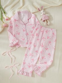 SHEIN Sweet Style Bow & Stripe Print Long Sleeve Cardigan And Pants 2 Pieces Set, Casual Comfortable Loungewear For Young Girl - Multicolor - View 6