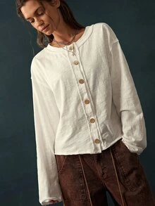 Bohemela 女款純色落肩長袖單排扣休閒T恤 - 白色 - 查看 3