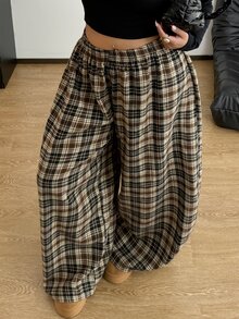 POPSWAY Plus Size Women's Elastic Waist Wide Leg Loose Casual Plaid Pants - Multicolor - View 1