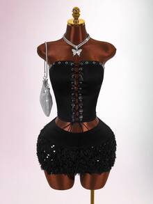 Amplova Women's Solid Color Eyelet Tie Design Bandeau Top And Fluffy Bodycon Skirt Sexy Fashion 2 Pieces Set - Black - View 11
