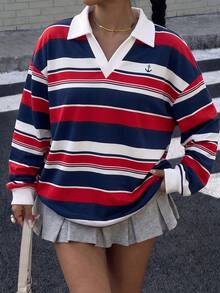 Muchica 女款 Polo 領長袖寬鬆休閒衛衣，厚實面料，適合秋冬穿著 - 彩色 - 查看 7