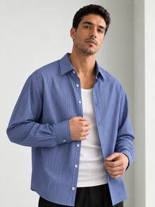 TONEVAULT Kemeja Lengan Panjang Kasual Fashion Pria Terbaru - Biru - View 5