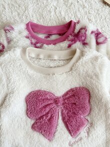 SHEIN 4Pcs Toddler Girl Sweatshirt + Pants Set Cute Pink White Bowknot Print Bow Fuzzy Fleece Long Sleeve Round Neck Thick Holiday Winter Princess Plush - Purple - View 4