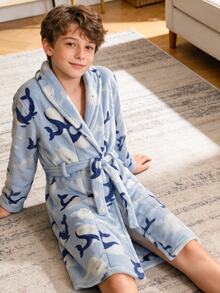 Kids Tween Boy Dolphin & Whale Pattern Thermal Lined Thick Long Sleeve Tie-Up Lapel Plush Robe, Bathrobe Cover-Up, Suitable For Indoor And Outdoor Use In Autumn/Winter - Baby Blue - View 4