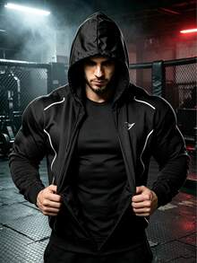 GymBeat Men's Geometric Print Long Sleeve Zip-Up Hooded Drawstring Sports Jacket - Black - View 3