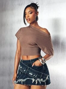 Denimoi Fitted Waist Off Shoulder Sweater Fashion Sweaters Fall Cold Weather Outfits Office GNO Brunch - Brown - View 5