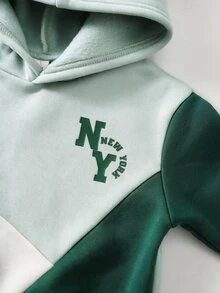 Cozy Pixies 2件組男嬰LA字母圖案對比色針織軟帽長袖套頭衛衣與彈性腰抓毛加厚刷毛內裡長褲，適合冬季 - 彩色 - 查看 9