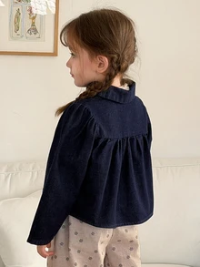 Hapijoa Young Girl Vacation Pleated Long Sleeve Denim Jacket Weekend Outing - Dark Wash - View 2